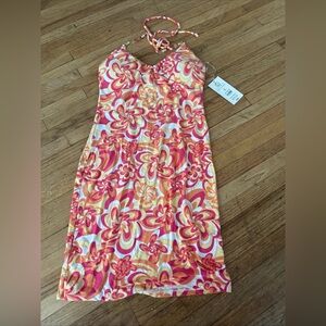 No boundaries XS beaded halter dress peach jelly color floral design